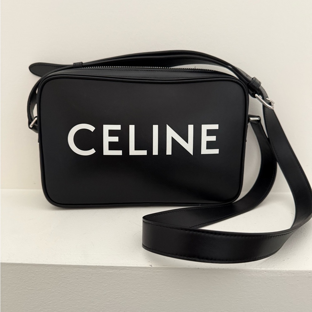 CELINE HOMME Black White Logo Leather Shoulder Messenger Crossbody Bag LIKE NEW - Picture 2 of 10